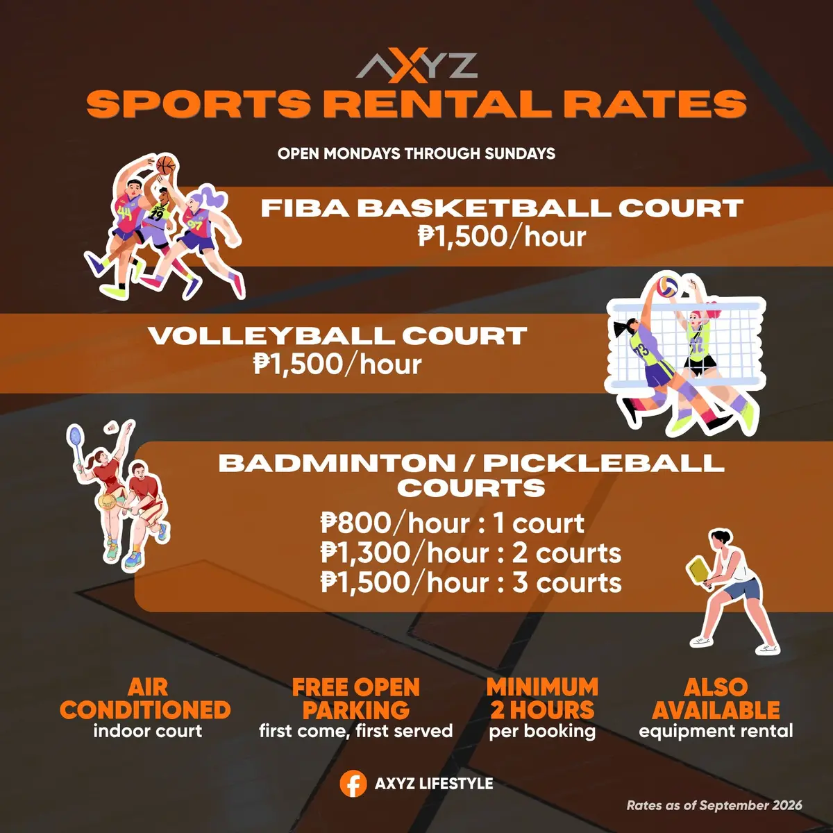 AXYZ sports rental rates as of September 2026